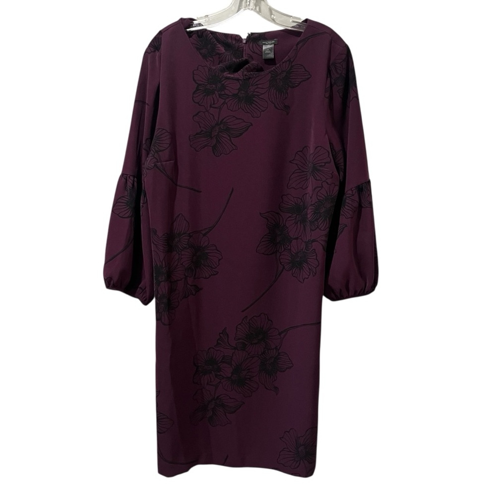 Ann Taylor Factory Purple Shift Dress Size 14 Long Balloon Sleeves Flowers